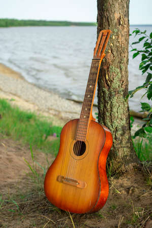 The guitar is leaning against a tree, against the background of the lake.の写真素材