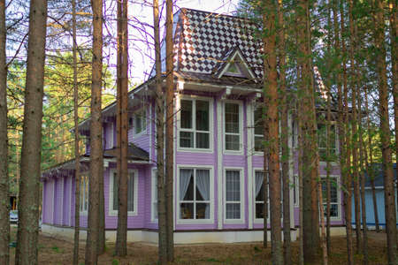 Wooden cottage in a pine forest.の写真素材