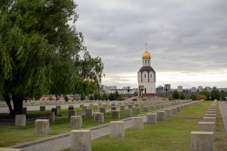 Christian chapel and tombstones at the Volgograd soldiers  memorial cemetery. Mamaev Kurgan,...