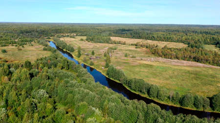 Landscape with green forest and river . Natural nature from a birds eye viewの写真素材