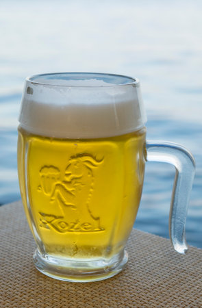 Prague, Czech Republic, September 2, 2020: a glass of unfiltered Czech beer Kozelのeditorial素材
