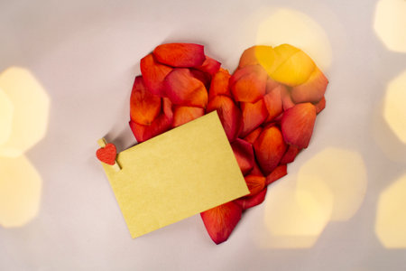 Heart of red rose petals on a pink background.の写真素材