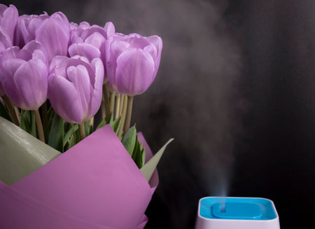 White humidifier with spring flowers on a black background.の写真素材