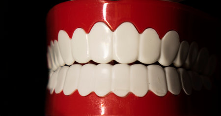 A smiling toy prosthesis, with white teeth and large eyes isolated against a black background.の写真素材