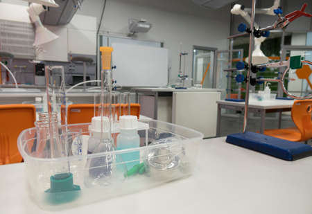 Chemistry class at school. An empty, clean laboratory in a university college science classroom.の写真素材