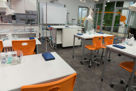 Chemistry class at school. An empty, clean laboratory in a university college science classroom.の写真素材