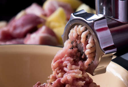 Cooking minced meat in an electric meat grinder from fresh meat at home.の写真素材