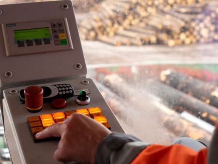 Specialist at the sawmill. Log sorting shop.の写真素材