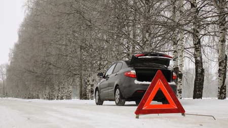 An emergency stop sign.Winter time.の写真素材