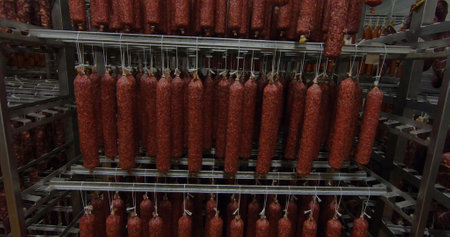 Production of smoked and dried sausages .Industrial meat processing plant.の写真素材