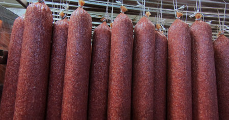 Production of smoked and dried sausages .Industrial meat processing plant.の写真素材