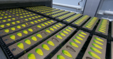 Production of marmalade candies. Marmalade arrives on the conveyor beltの写真素材