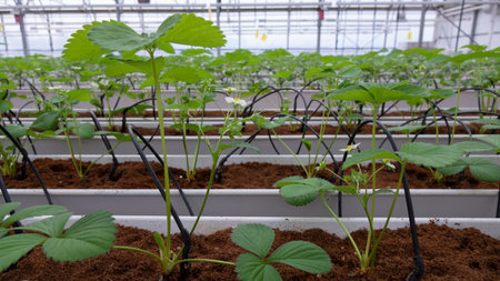 Growing strawberries in greenhouses. A modern greenhouse for the production of organic fruits.の写真素材