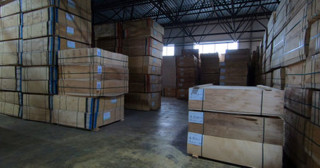 Sheets of plywood slabs are stacked in the warehouse of the woodworking plantの写真素材