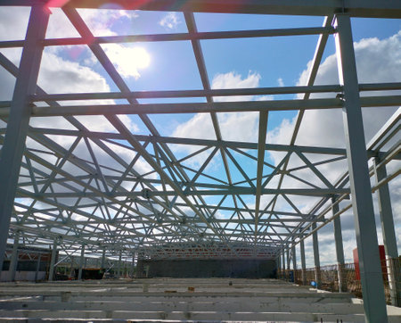 The metal frame of the factory. Construction of a new industrial building.の写真素材