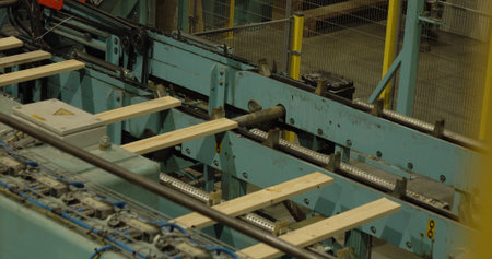 A woodworking plant. The boards are moved along a conveyor belt at a woodworking plant. The woodworking industry.の写真素材