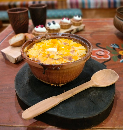 Traditional Russian cuisine with healthy porridges and fresh bread.の写真素材