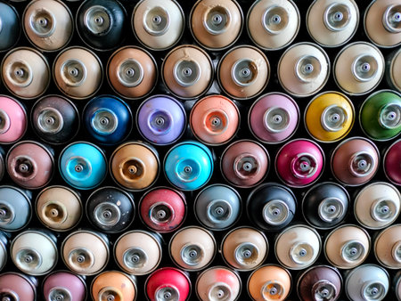 A background of colorful spray cans. Spray cans of graffiti paint.の写真素材