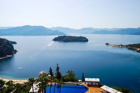 Marmaris, Turkey - May 06, 2010: Nice view on little island and boat in Aegean Seaのeditorial素材