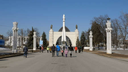MOSCOW, RUSSIA - MAR 15, 2016: people are walking in front of Space Pavilion in VDNKh, Moscowのeditorial素材