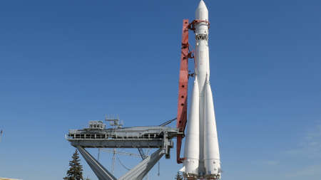 Rocket Vostok on launch pad in sunny day