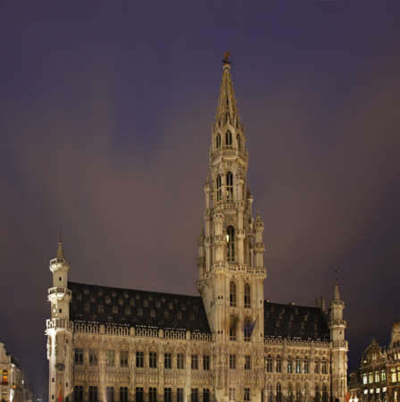 Brussels Town Hall on Grand Place at twilight  Belgiumの写真素材