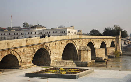 The Stone Bridge and the Vardar River in Skopje  Macedoniaの写真素材