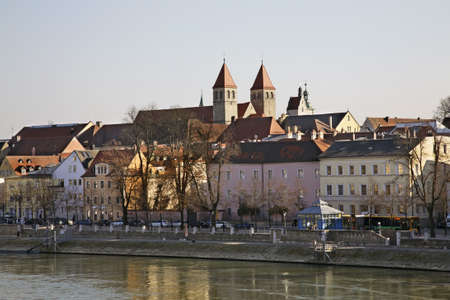 Embankment of Danube river in Regensburg. Bavaria. Germany