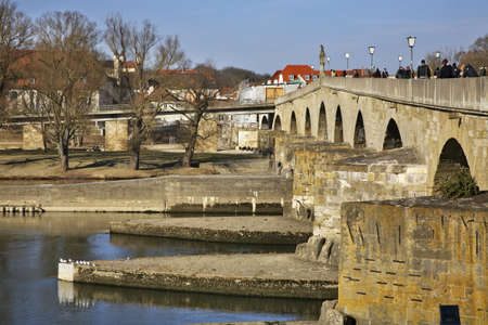 Stone Bridge over the Danube in Regensburg. Bavaria. Germany