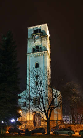Church of St. Antun clock tower Sahat kula in Bihac. Bosnia and Herzegovina