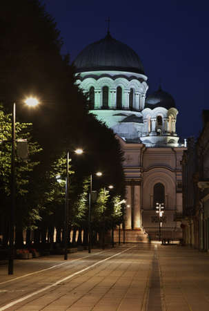 Liberty boulevard and St. Michael Archangel church in Kaunas. Lithuania