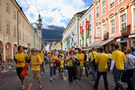 Fans before the football match Russia - Sweden. Innsbruck. Tyrol. Austriaのeditorial素材