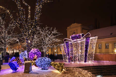 Holiday decorations of Warsaw. Krakow suburb - Krakowskie Przedmiescie street. Polandの写真素材