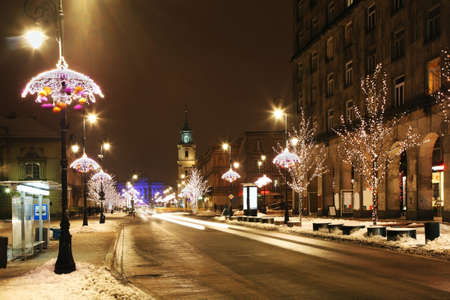 Holiday decorations of Warsaw. New World street - Nowy Swiat street. Polandのeditorial素材