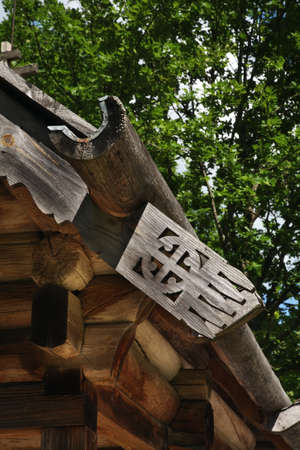 Fragment of old house in Vitoslavlitsy village near Novgorod Great. Russiaの写真素材