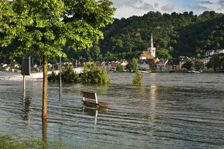 Flood on Rhine river in Sankt Goarshausen. Germanyの写真素材