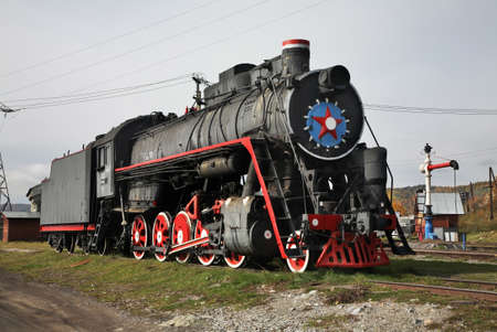 Old locomotive at railway station in Port-Baikal settlement. Irkutsk oblast. Russian