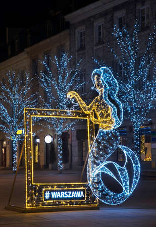 Holiday decorations of Nowy Swiat street in Warsaw. Polandのeditorial素材