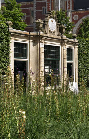 Pavilion with a solar clock at park of Rijksmuseum - Dutch national museum in Amsterdam. Netherlandsのeditorial素材