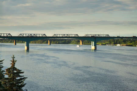 October bridge over Volga river in Yaroslavl. Russiaの写真素材