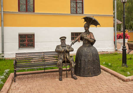 Sculpture in front of estate of Timofey Chistov (Opochinin library) in Myshkin. Russiaのeditorial素材