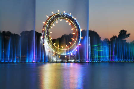 Light show at Embankment of Ishim river in Astana. Kazakhstan
