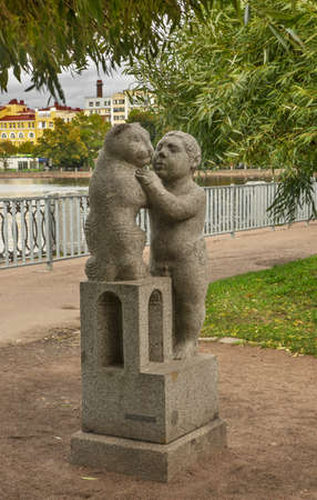 Sculpture of Boy with cat in Vyborg. Russiaのeditorial素材