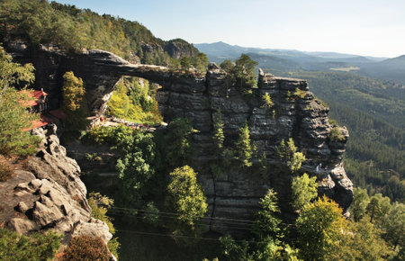 Pravcicka brana - Prebischtor Gate at Bohemian Switzerland - Elbe Sandstone Mountains near Hrensko. Bohemia. Czech Republicの写真素材