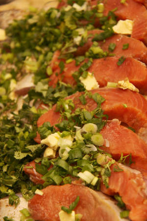 slices of salmon with green onion
