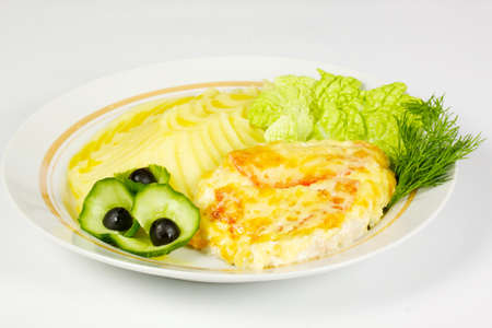 Ham and potato gratin on the whiteの写真素材