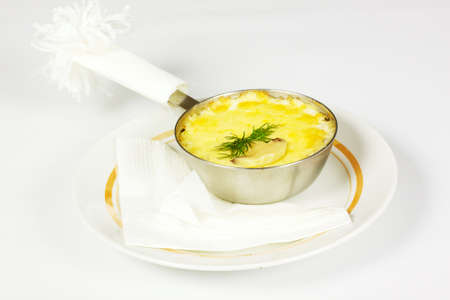 Julienne with hen and mushrooms on the whiteの写真素材