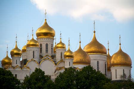 The Annunciation cathedral (left) and the Assumption cathedral (right) in Moscow Kremlin, Russia.の写真素材