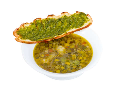 Minestrone soup with fried breadの写真素材