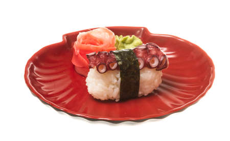 Japanese sushi with meat octopus on a white backgroundの写真素材